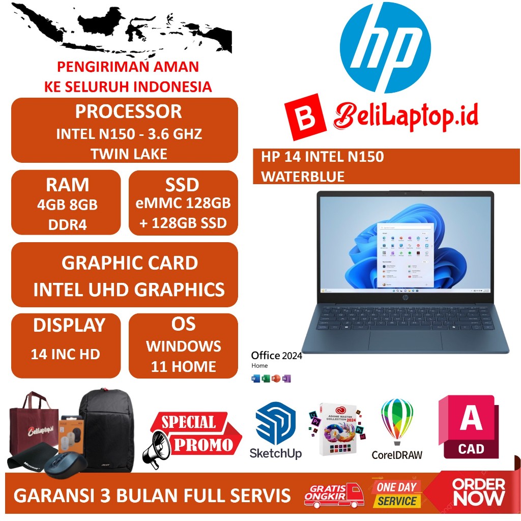 FLASH SALE HP 14 INTEL N150 4GB 128GB EMMC 14.0 WIN11HOME WATERBLUE EX DISPLAY LIKE NEW