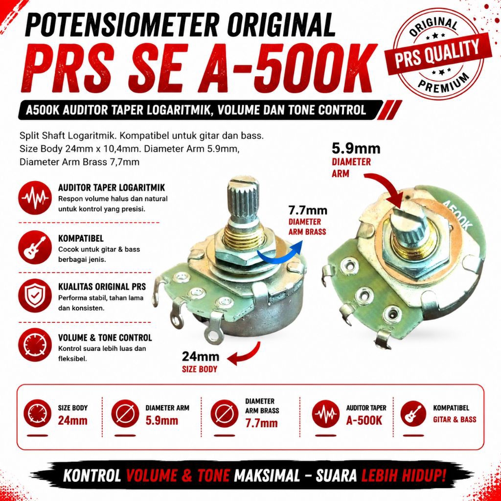 Potensiometer Original Gitar PRS SE A-500K Split Shaft 24mm Logaritmik