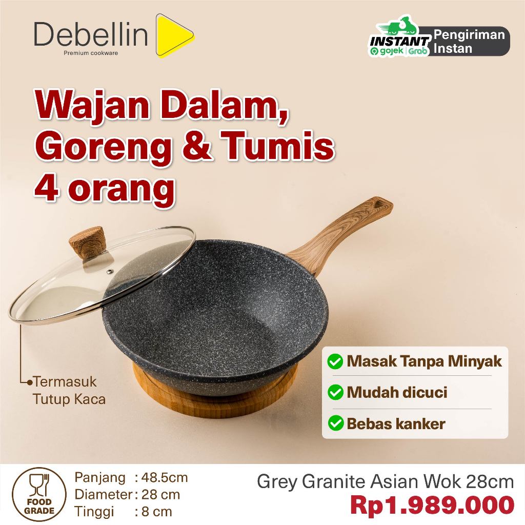 Debellin Asian Wok Pan 28 cm - Grey Granite Cookware Series atau Wajan Anti Lengket Premium