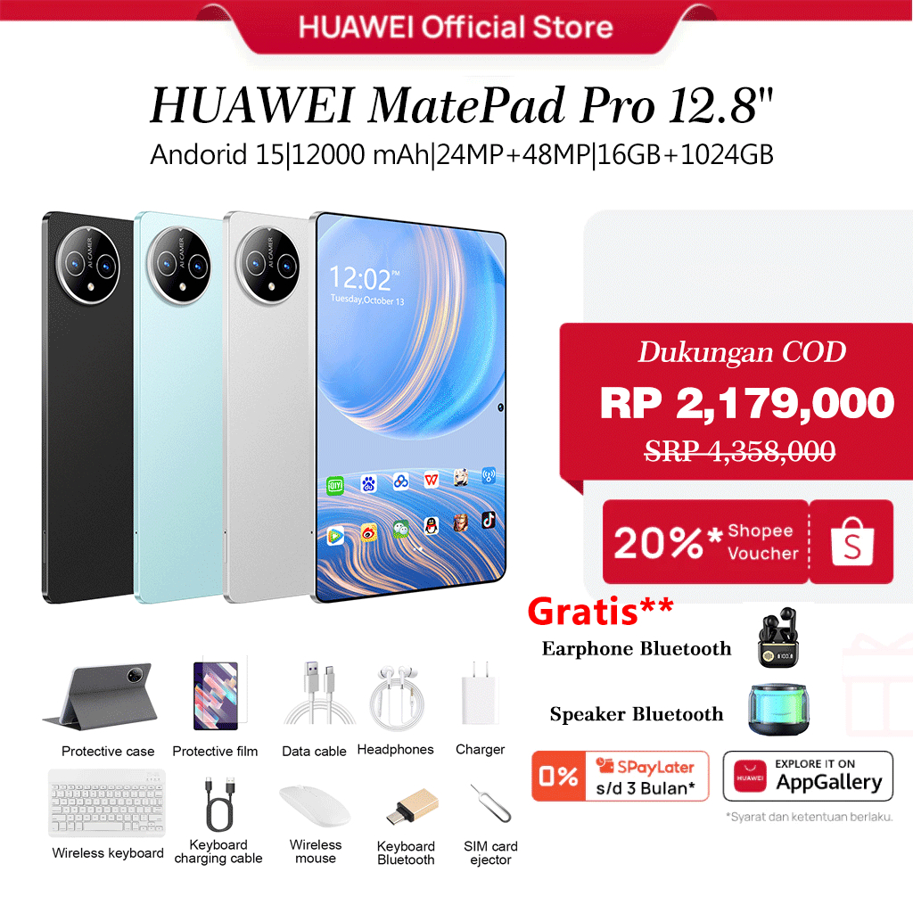 [Free+Keyboard+Mouse+Case] HUAWEI Tablet Android MatePad Pro,Layar Full Screen 12.8 Inch, 12000mAh,R