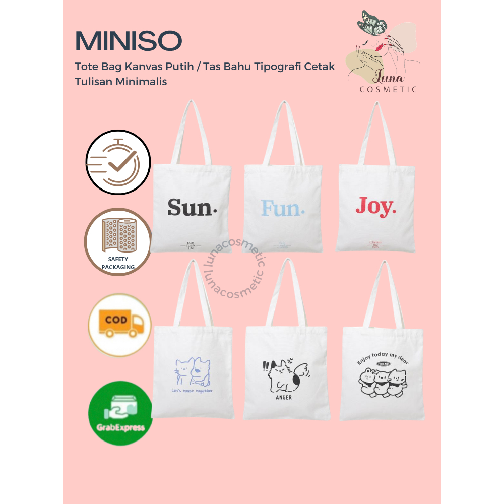 MINISO Tote Bag Kanvas Putih / Tas Bahu Kasual Karakter Lucu