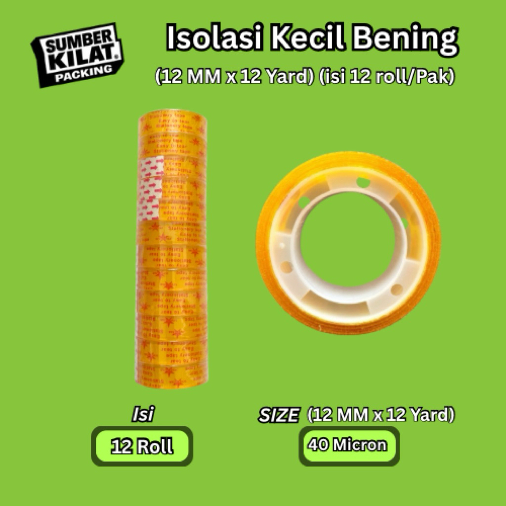 ISOLASI BENING KECIL ISI 12 ROLL PER-PAK 12MM X 12YARD 40 MICRON | ISOLASI KADO | ISOLASI KECIL | PL