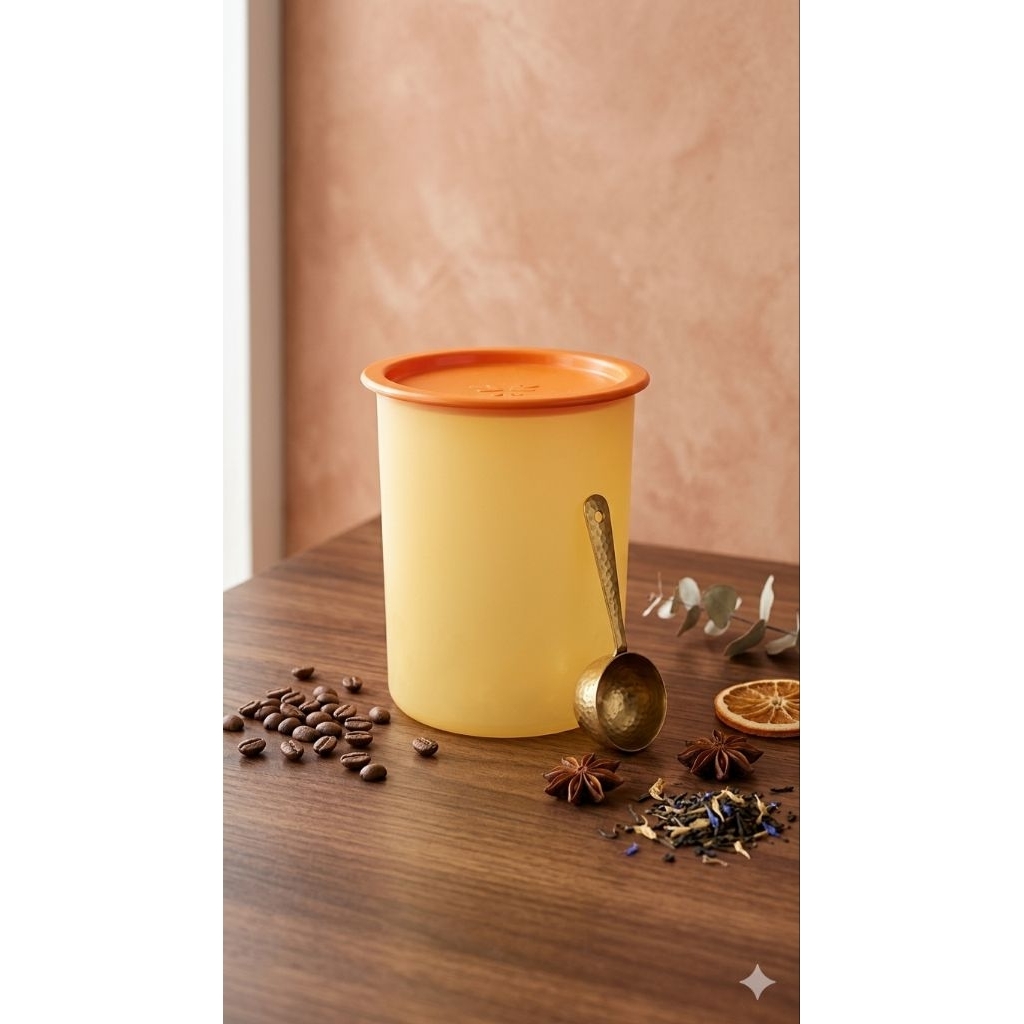 Tupperware Mosaic Canister – Kuning Keemasan dengan Tutup Oranye - 1,25 L - toples one touch tupperw