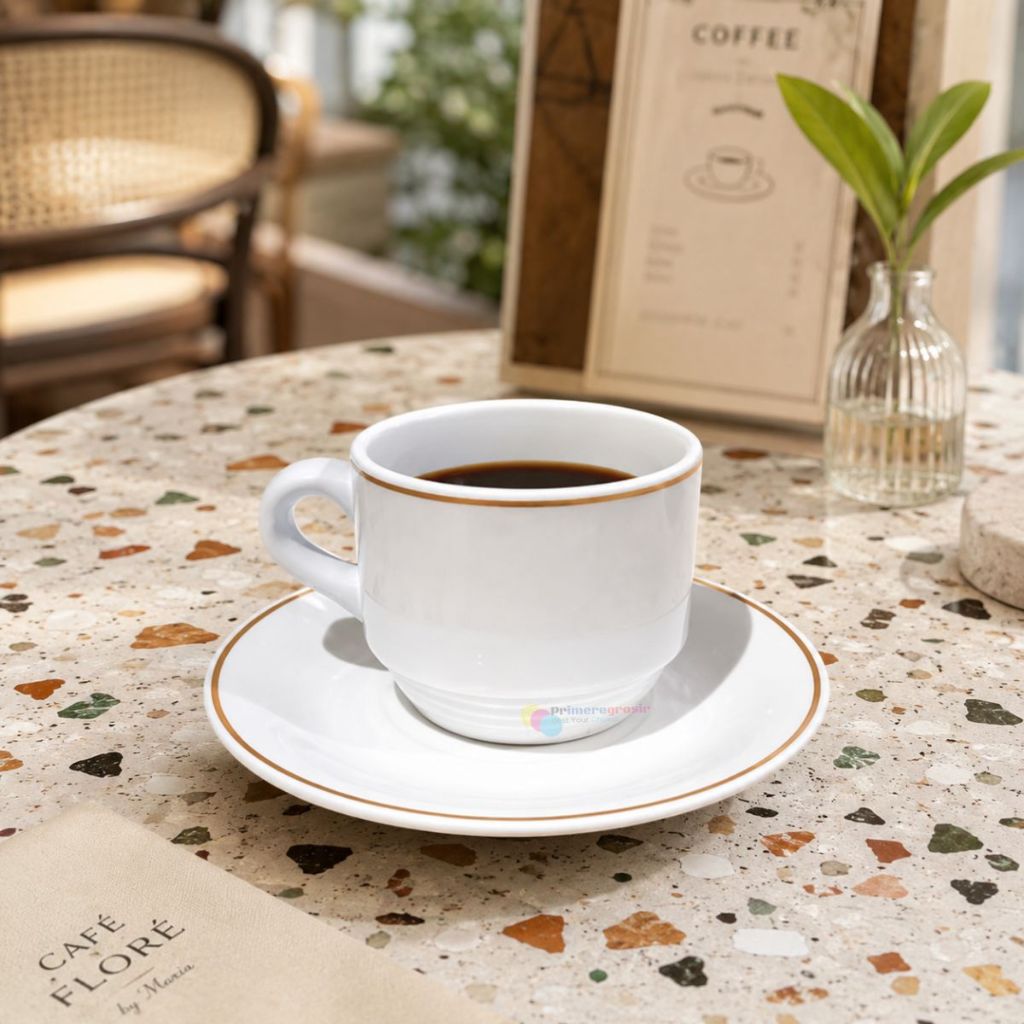 Cangkir Kopi 1 Set Keramik List Emas / Gelas Set Cangkir dan Tatakannya 1 Pack