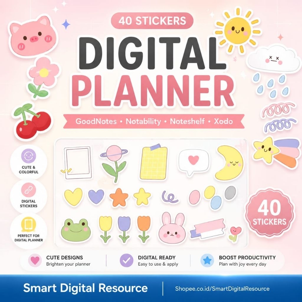 40 Digital Planner Sticker- GoodNotes Sticker, iPad Digital Sticker, Journal Stickers, Cropped PNG f