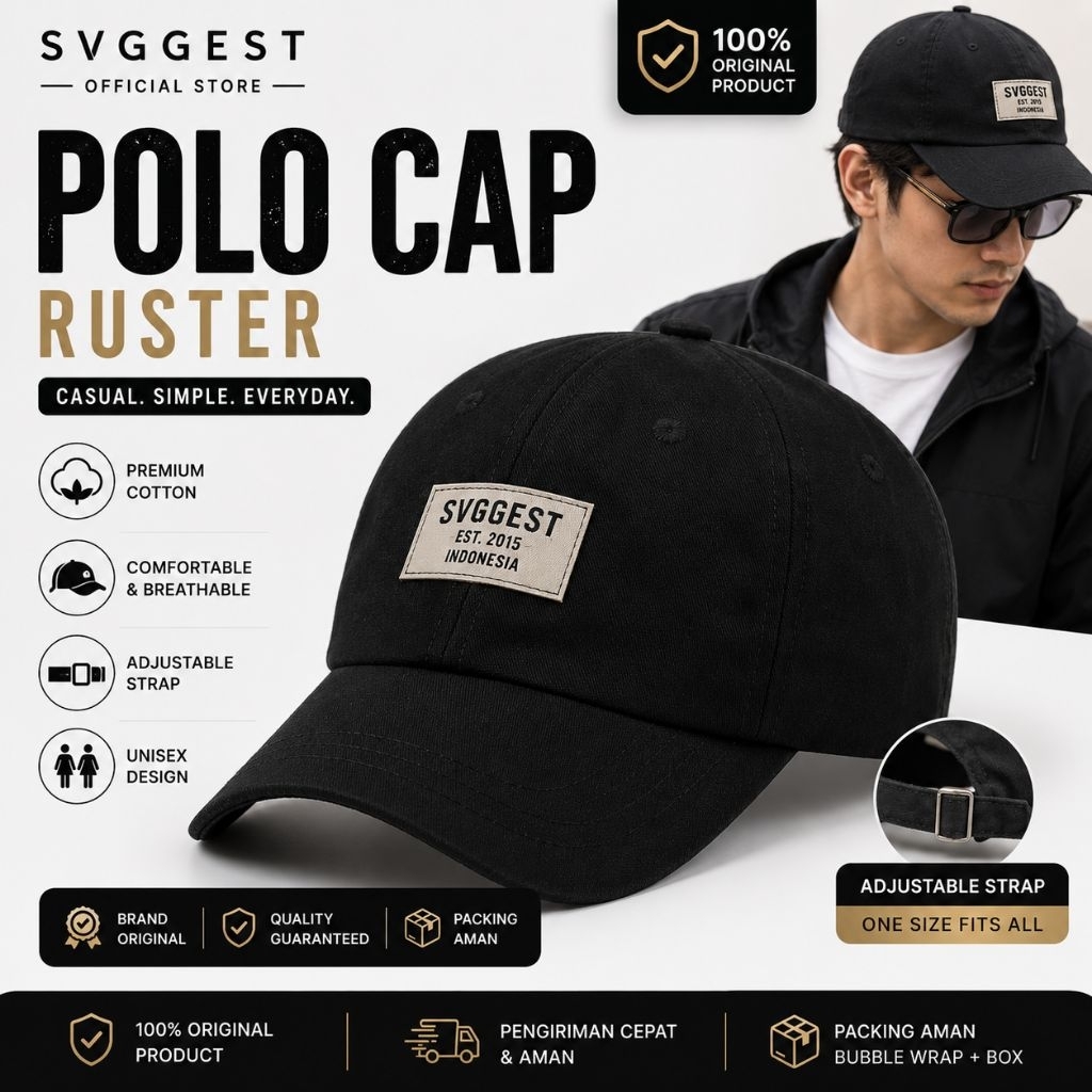 Topi Pria Hitam SVGGEST Polo Cap Ruster - Topi Baseball Casual Original