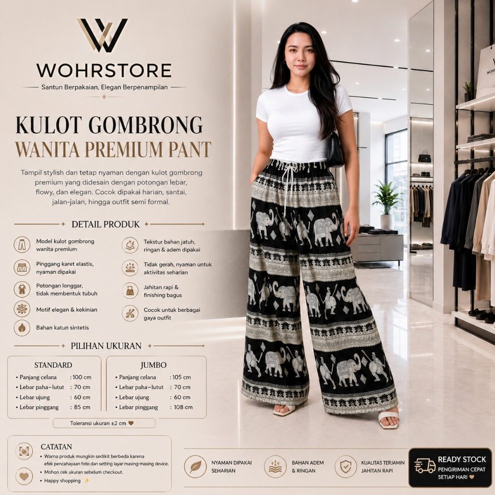 Wohrstore Celana Kulot Gombrong Wanita Jumbo Katun Motif Gajah Kain Bali Nyaman Panjang Etnik Hitam 