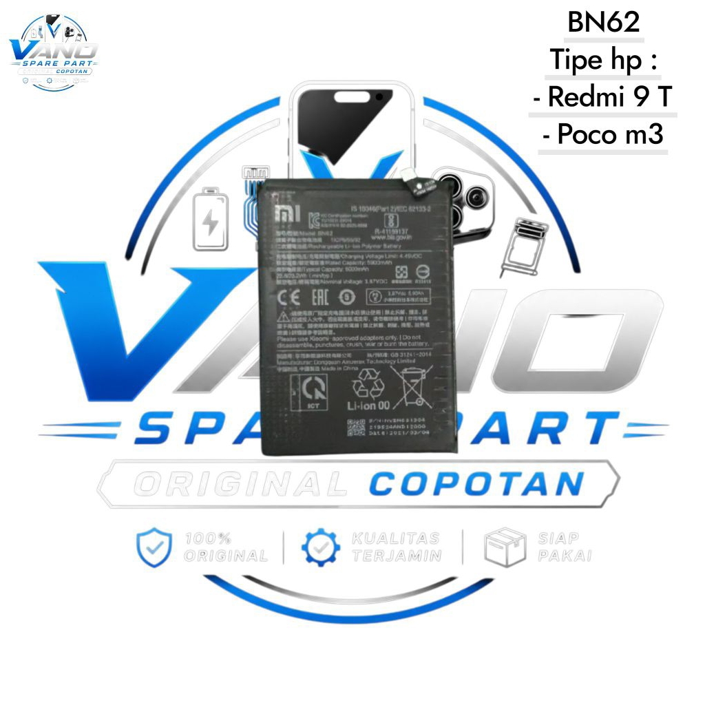 Baterai Batre Xiaomi Redmi 9T / Poco M3 BN62 Original Copotan