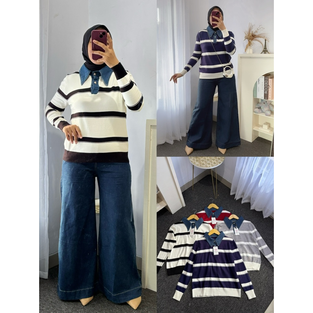 Atasan Knit Mix Jeans Import | Blouse Rajut Wanita