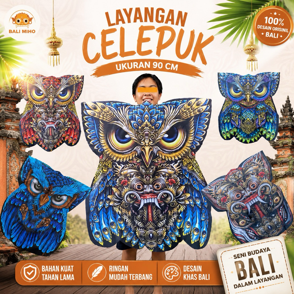 Layangan Celepuk Print Small - Layangan Owl Kain Layangan Bali - Mainan Anak- Anak - Layangan Burung
