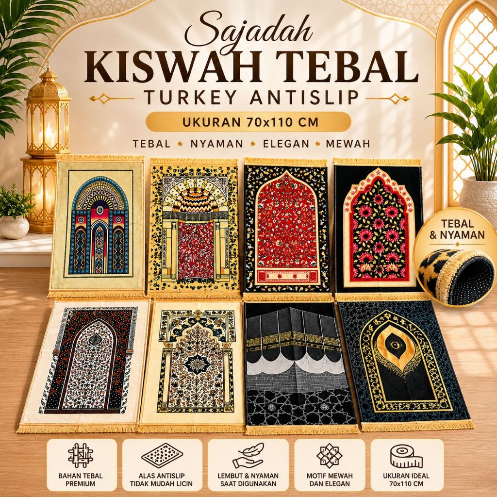 Sejadah Turki Turkiye Tebal Kiswah Hitam Embos Rumbai Emas kuyshopping