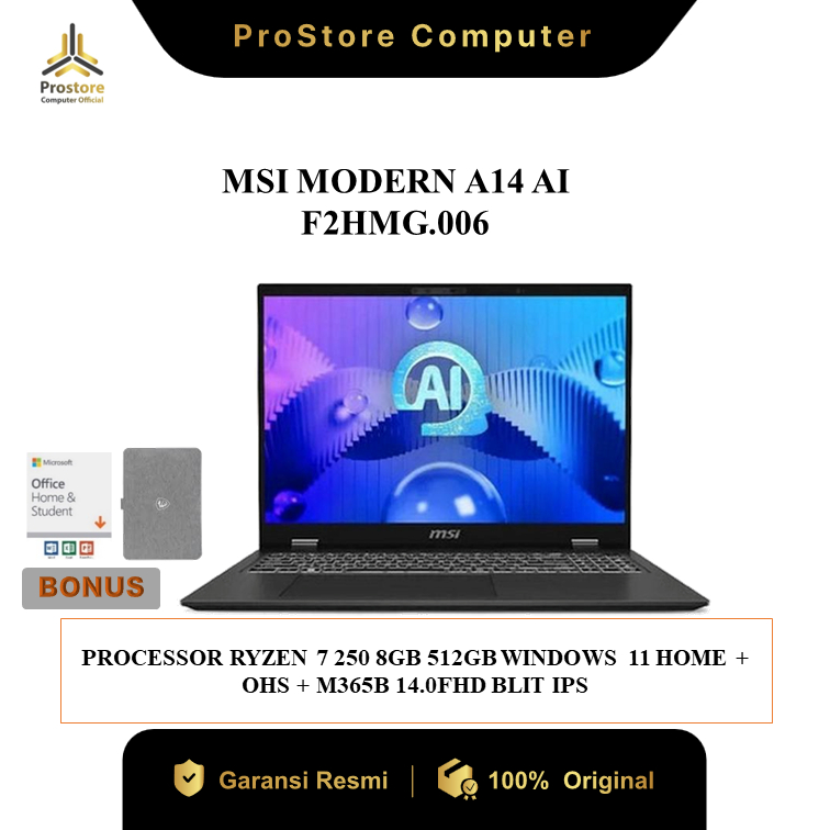 LAPTOP MSI MODERN A14 AI AMD RYZEN 7 250 8GB 512GB W11+OHS+M365B 14" FHD IPS 2Y GRAY -F2HMG.006