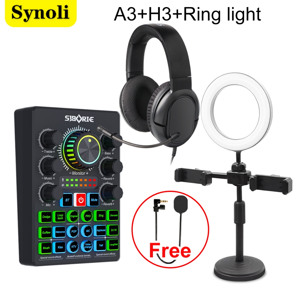 Synoli Sound Card A3 Paket Lengkap Headphone H3 Ring Light Peralatan Live Streaming dan Karaoke SIAP