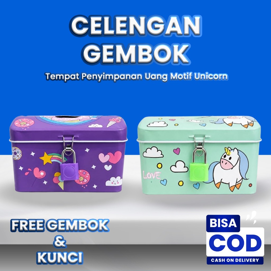 Celengan Kaleng Kunci Saving Box Tempat Penyimpanan Uang Motif Unicorn Celengan Gembok Mini Anak