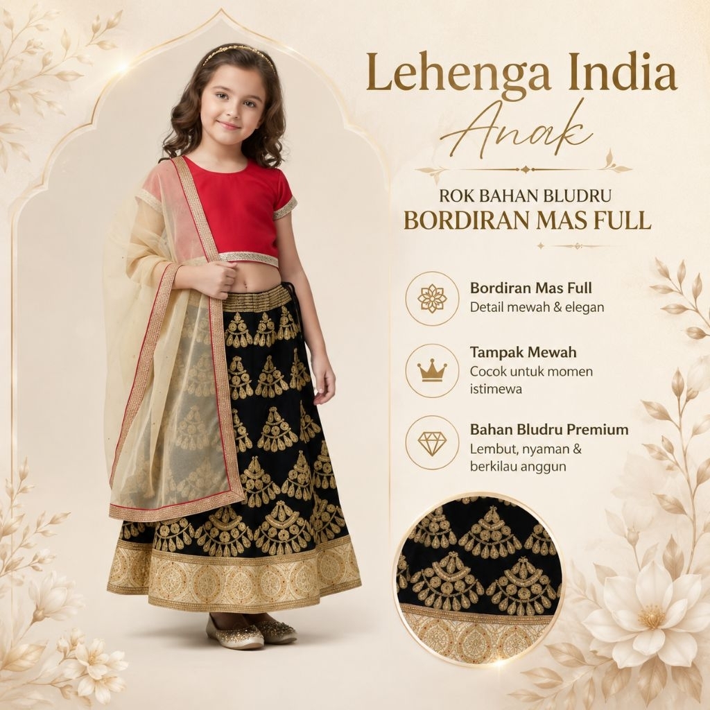 Lehenga India Anak Rok Bahan Bludru Bordiran Mas Full