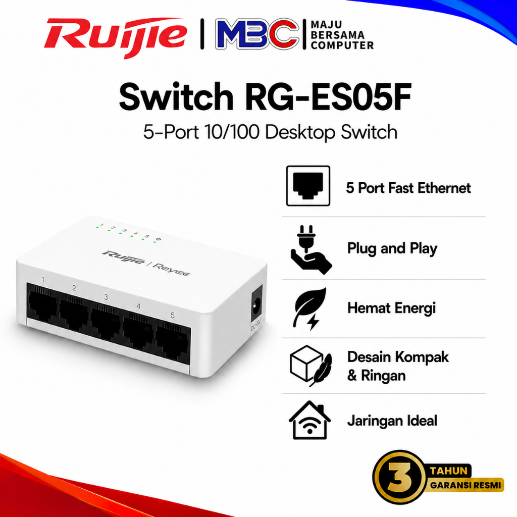 Ruijie RG-ES05F Switch Hub 5 Port 10/100Mbps - Switch Hub Desktop LAN Internet Ethernet rj45 jaringa