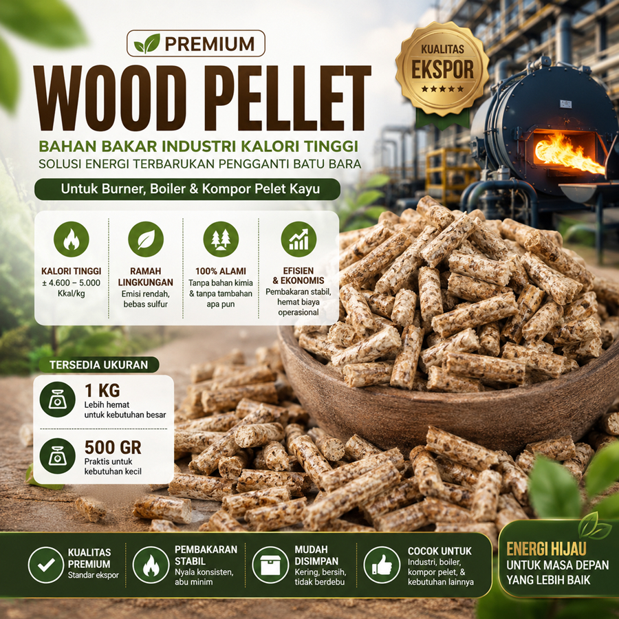Pelet Kayu Wood Pellet Premium Bahan Bakar Industri Pengganti Batu Bara Biomassa Kalori Tinggi untuk