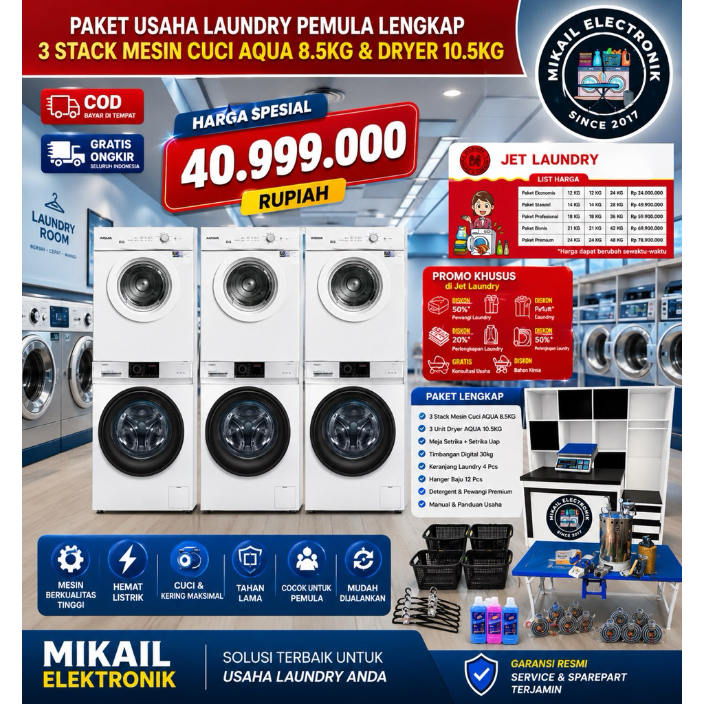 PAKET LAUNDRY KILOAN HEMAT 3 STACK MESIN CUCI AQUA 8.5KG DRYER KONVERSI
