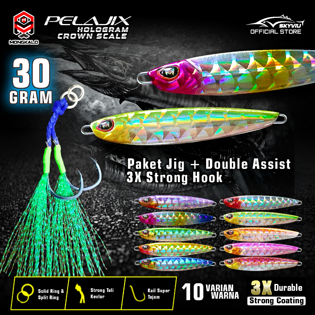 Umpan Metal Jig 30 Gram MONGKALO PELAJIX Hologram Kipas 1 set Double Assist Hook Metal Jig 30 Gram M