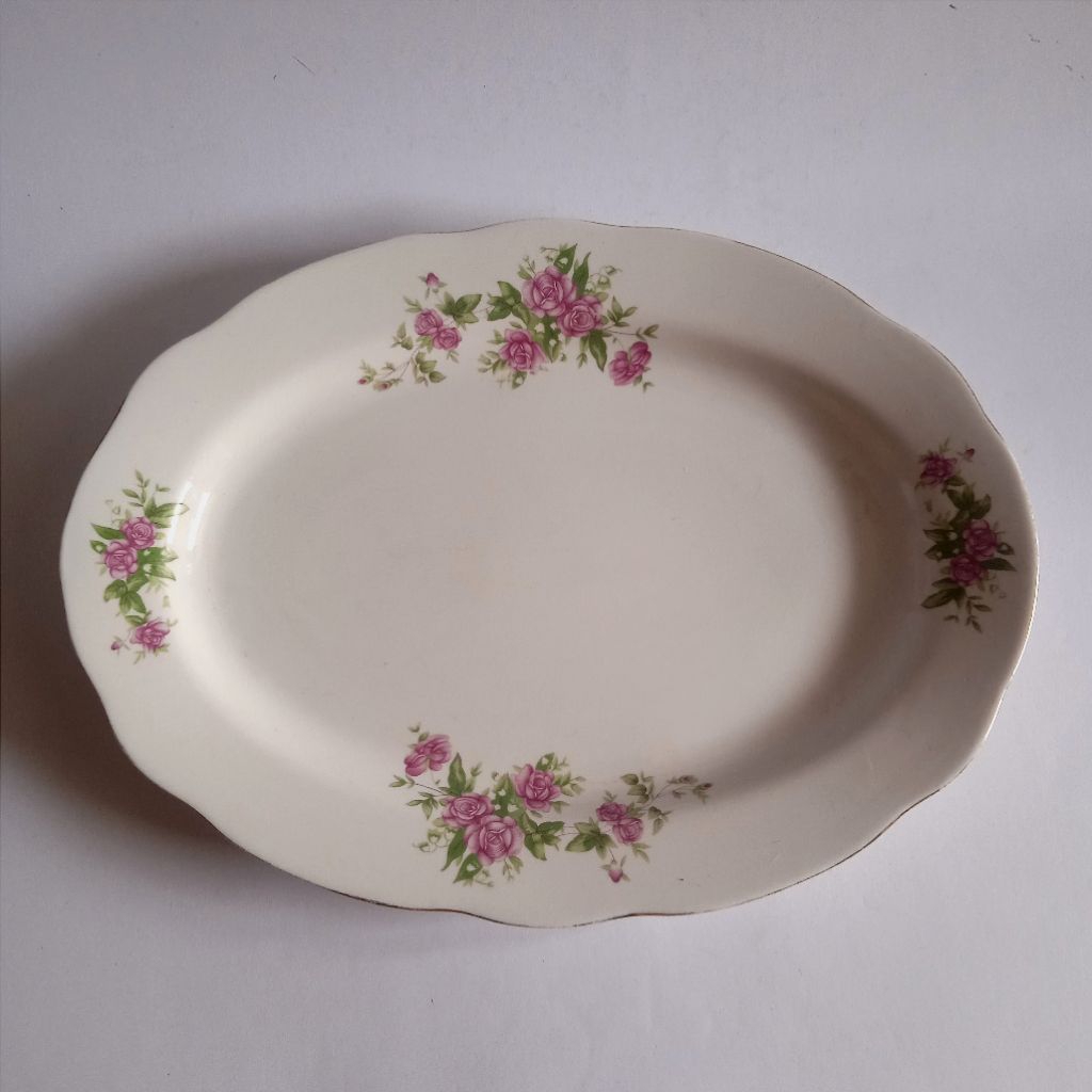 Antik Vintage Porselen Piring Oval Lodor China Motif Bunga Ukuran Besar Utuh Tua Layak Koleksi