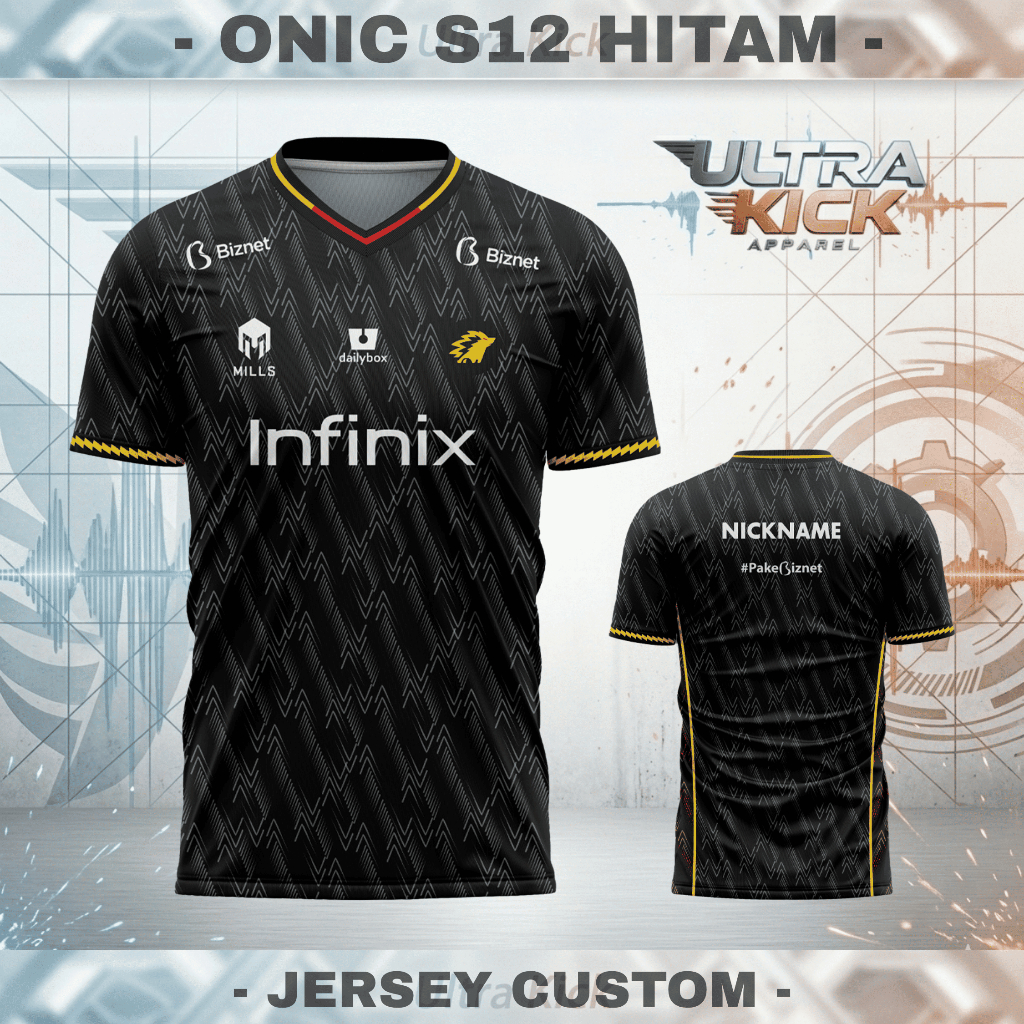 Jersey Gaming Custom Onic S12 Hitam Pendek Free Custom Nama & No Punggung Full Printing