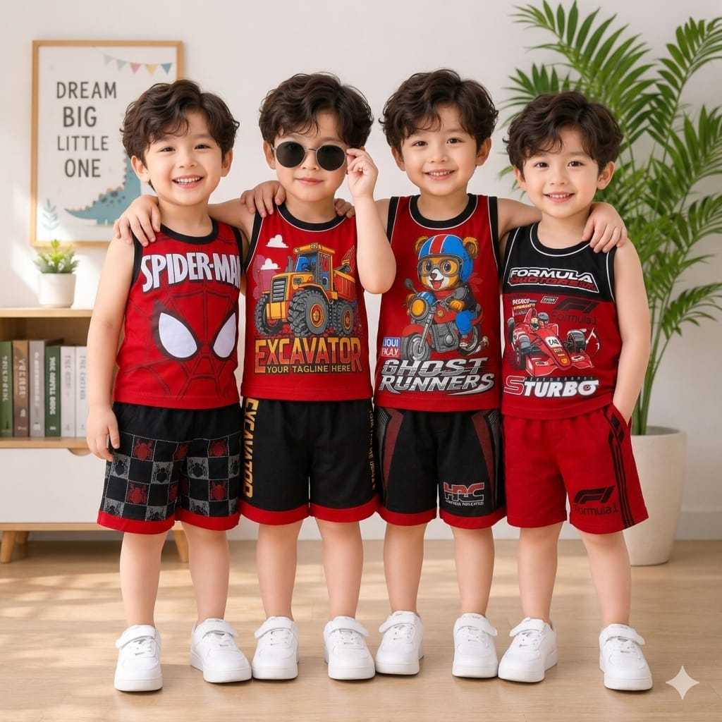 Baju Setelan Anak Laki-Laki Singlet Karakter Motif Racing Spiderman Excavator Ghost Runners Celana P