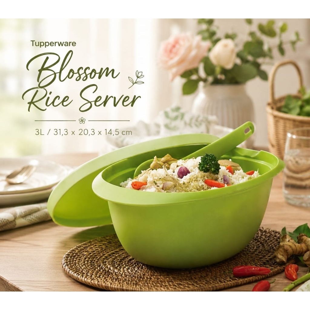 Wadah nasi Cantik Tupperware Blossom Rice server gratis Sendok Nasi