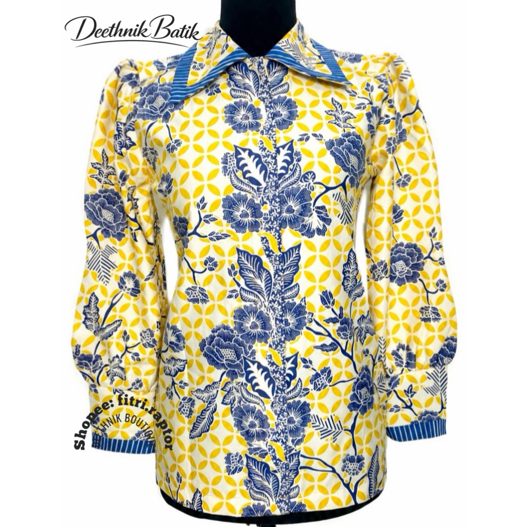 baju batik wanita warna kuning mix biru muda kancing depan deethnik batik