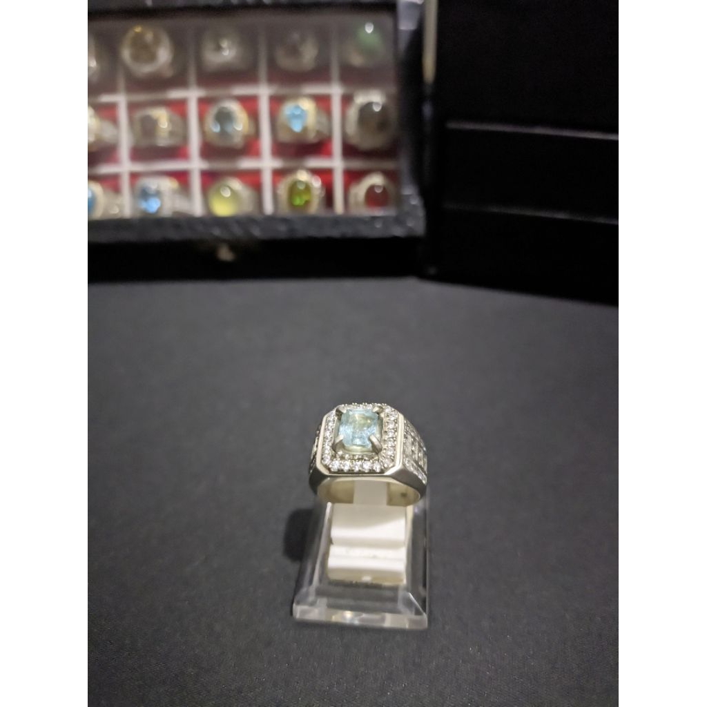 Batu Natural Aquamarine Santa Maria Ring Perak Rare Item