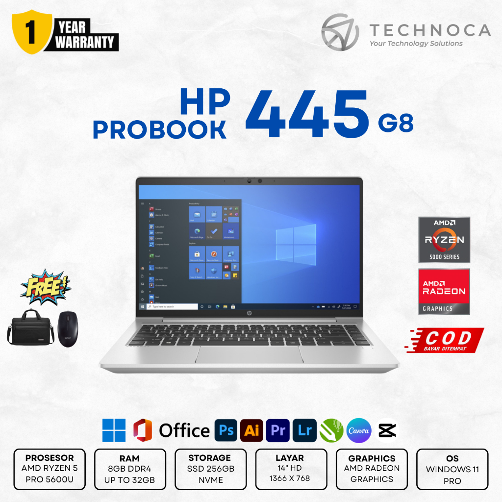 Laptop HP Probook 445 G8 Ryzen 5 Pro 5600U Ram 16GB SSD 256GB Berkualitas Bergaransi