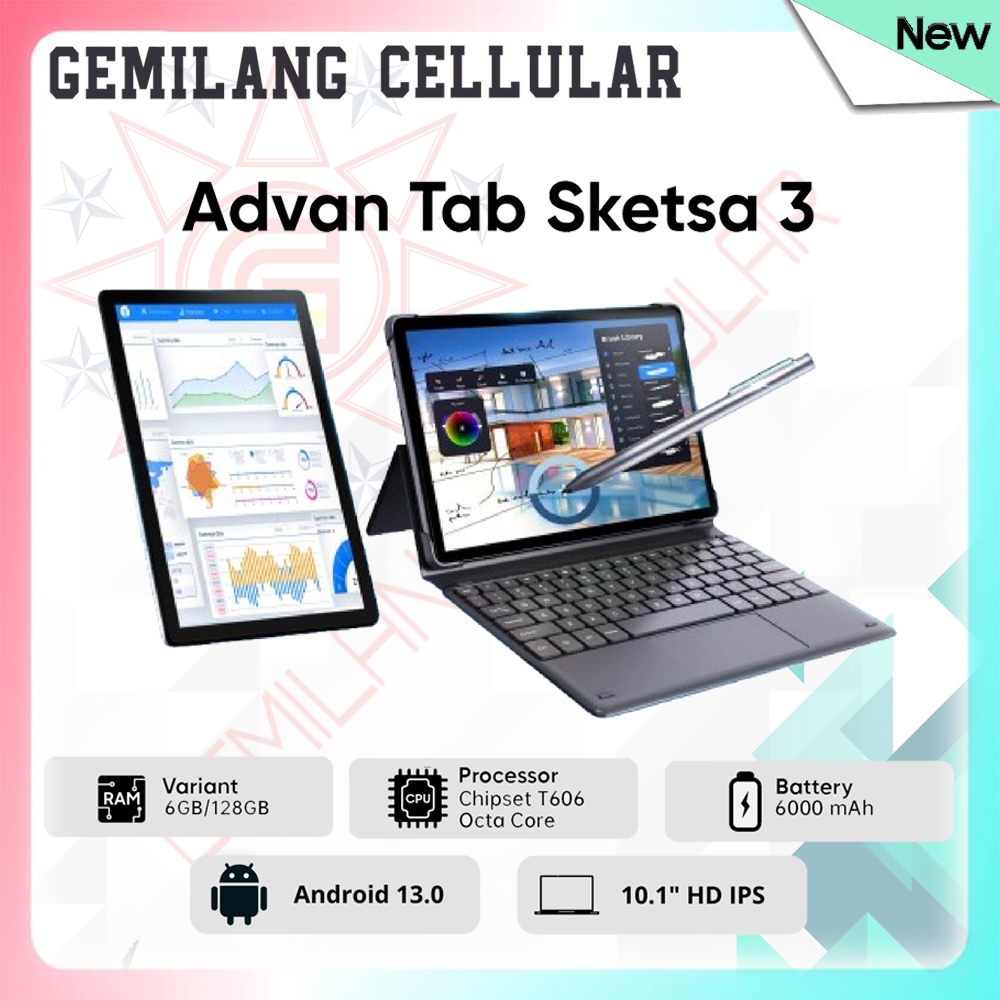 Advan Tablet Sketsa 3 - RAM 6/128GB & 8/128GB - Layar 10.1"hd IPS, TAB10 inch - Support PEN & Keyboa