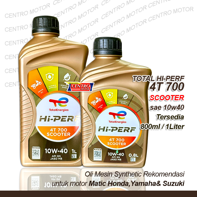 TOTAL HI-PERF 700 SCOOTER SAE 10W40.Oli mesin synthetic untuk motor matic.Tersedia 800ml & 1Liter