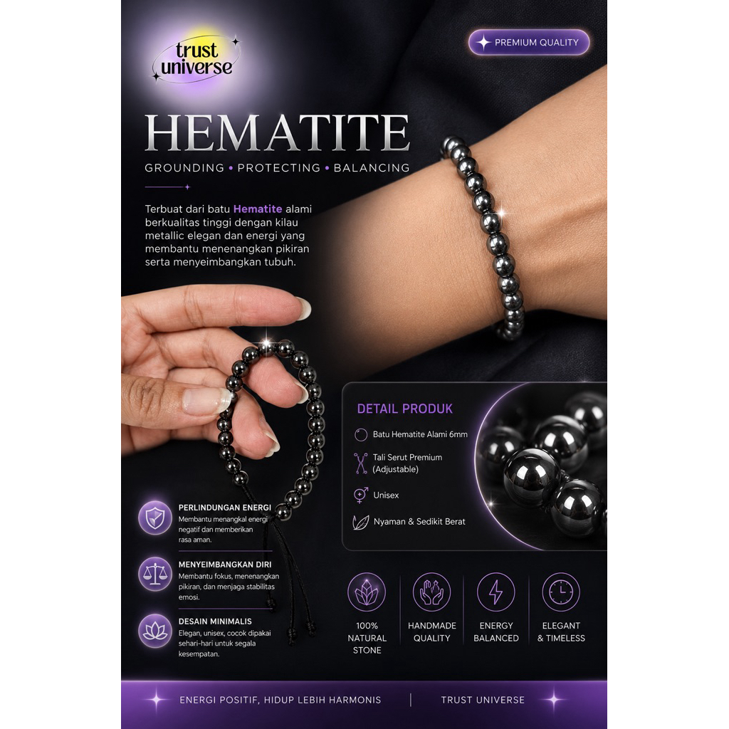 Gelang Hematit Gemstone Asli Unisex Adjustable