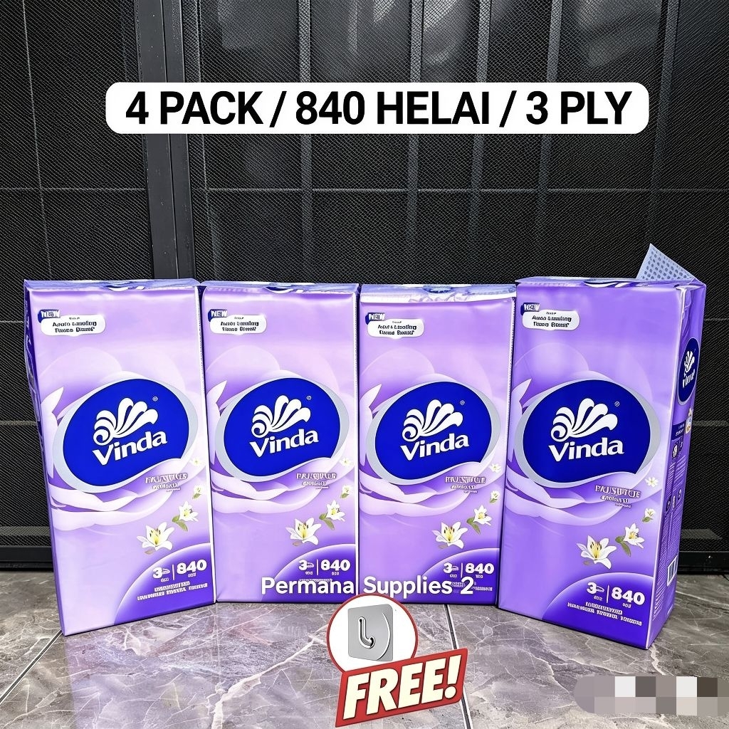 PAKET 4 PACK TISSUE VINDA 840 HELAI 280 SHEET 3 PLY Tisu Tisue Tissu Wajah Vinda 840