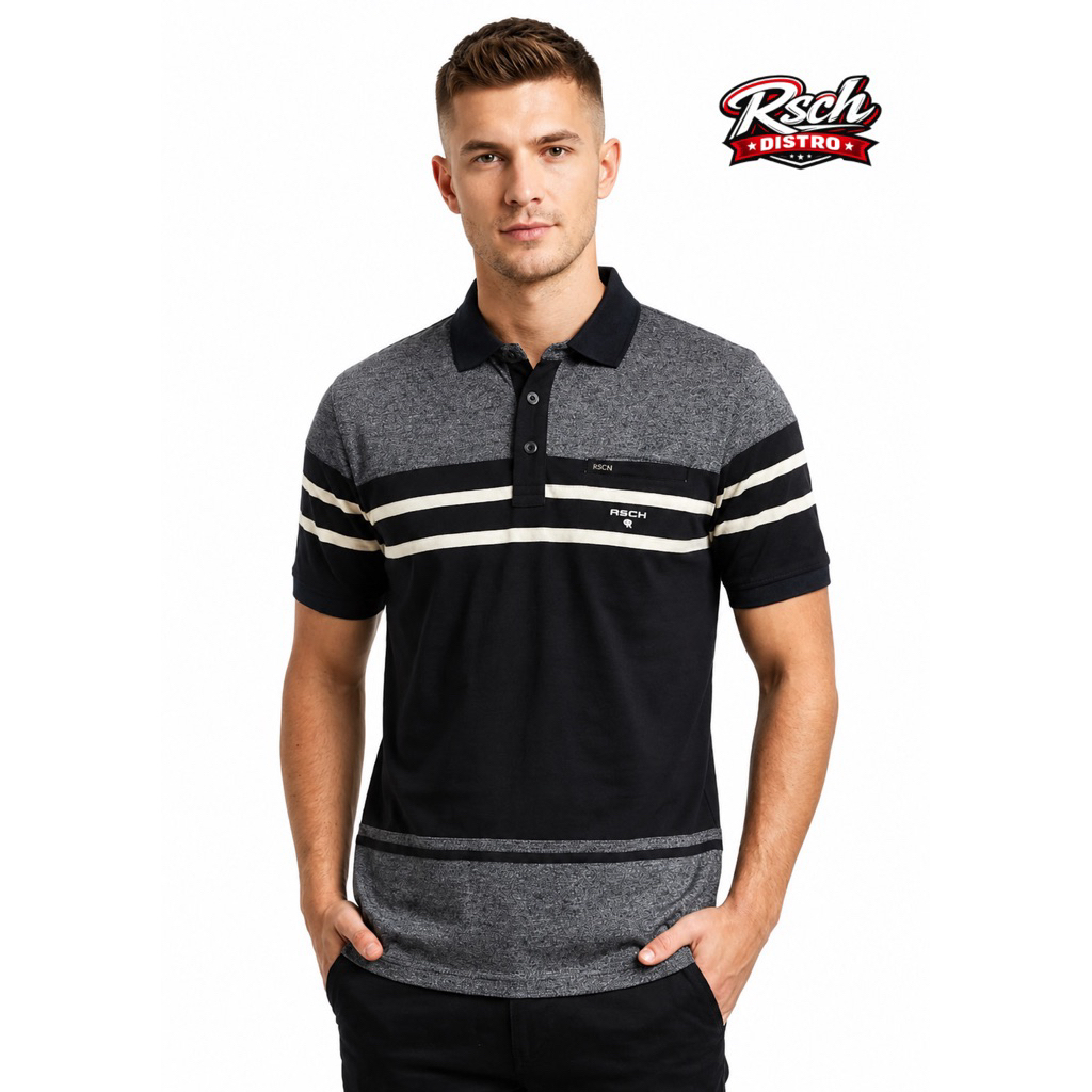 Kaos Kerah Fashion Pria CRS 91/RSCH Original Salur Garis Besar L-XXL (Kancing Kantong)