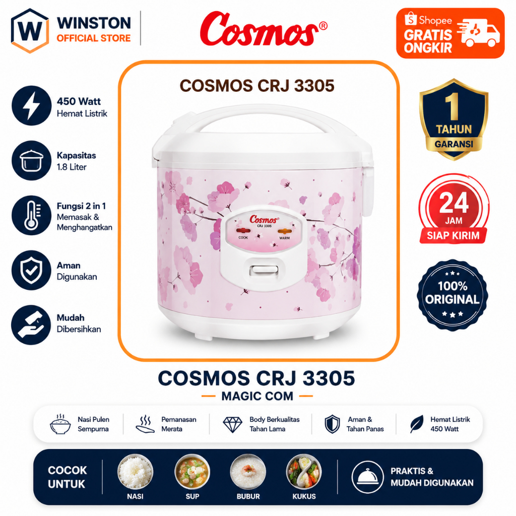 Rice Cooker Cosmos  1.8L CRJ 3305 Anti Lengket//CRJ-3305/CRJ3305/CRJ 3305/RICE COOKER 1.8L BERGRANSI