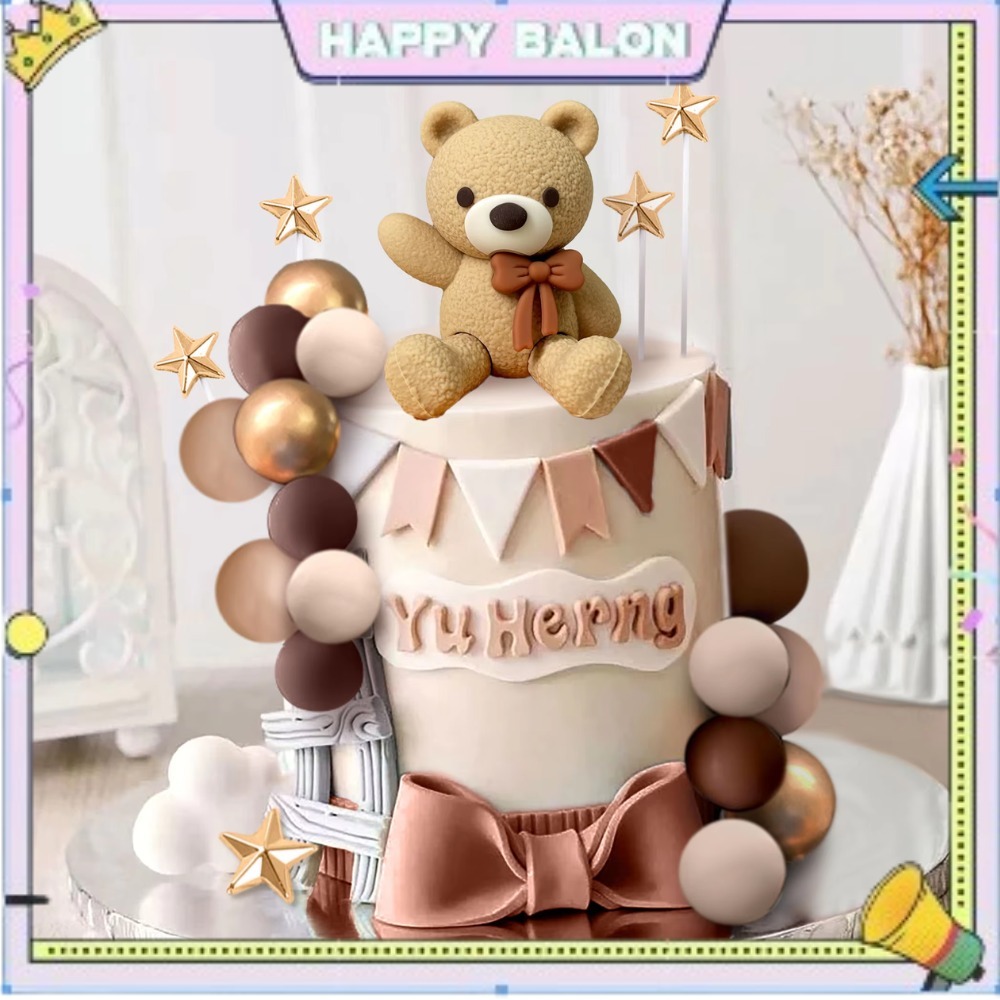 Cake Topper Beruang Coklat Lucu Hiasan Kue Ulang Tahun Anak Aesthetic Tusukan Kue Ulang Tahun