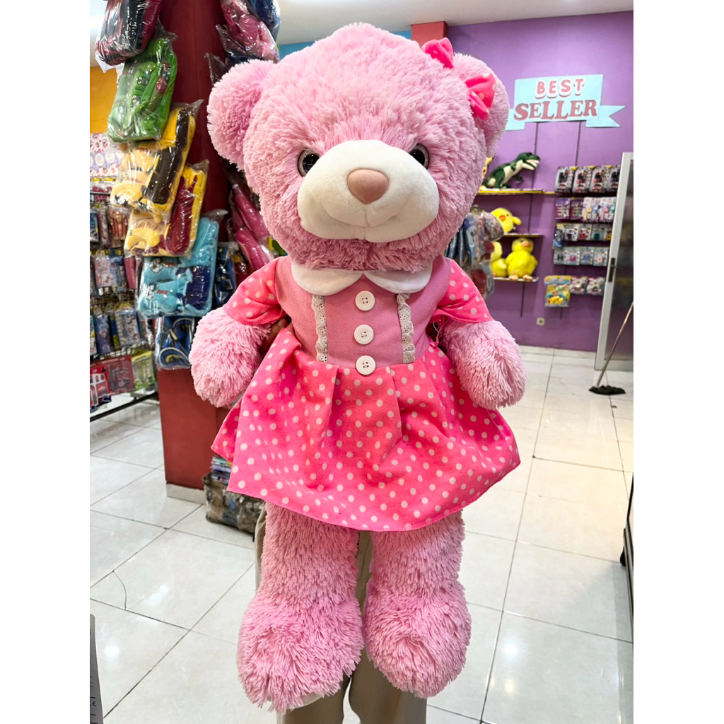 Boneka bear beruang lucu pakai dress warna pink besar tinggi pita cantik hadiah kado ulang tahun ana