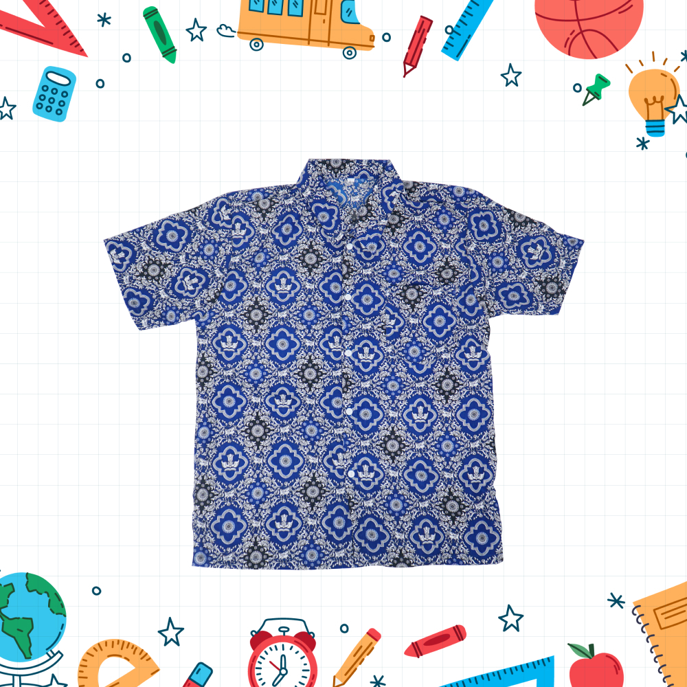 Baju Batik Seragam Sekolah SMP SMA Motif Tunas Harapan Biru Lengan Pendek