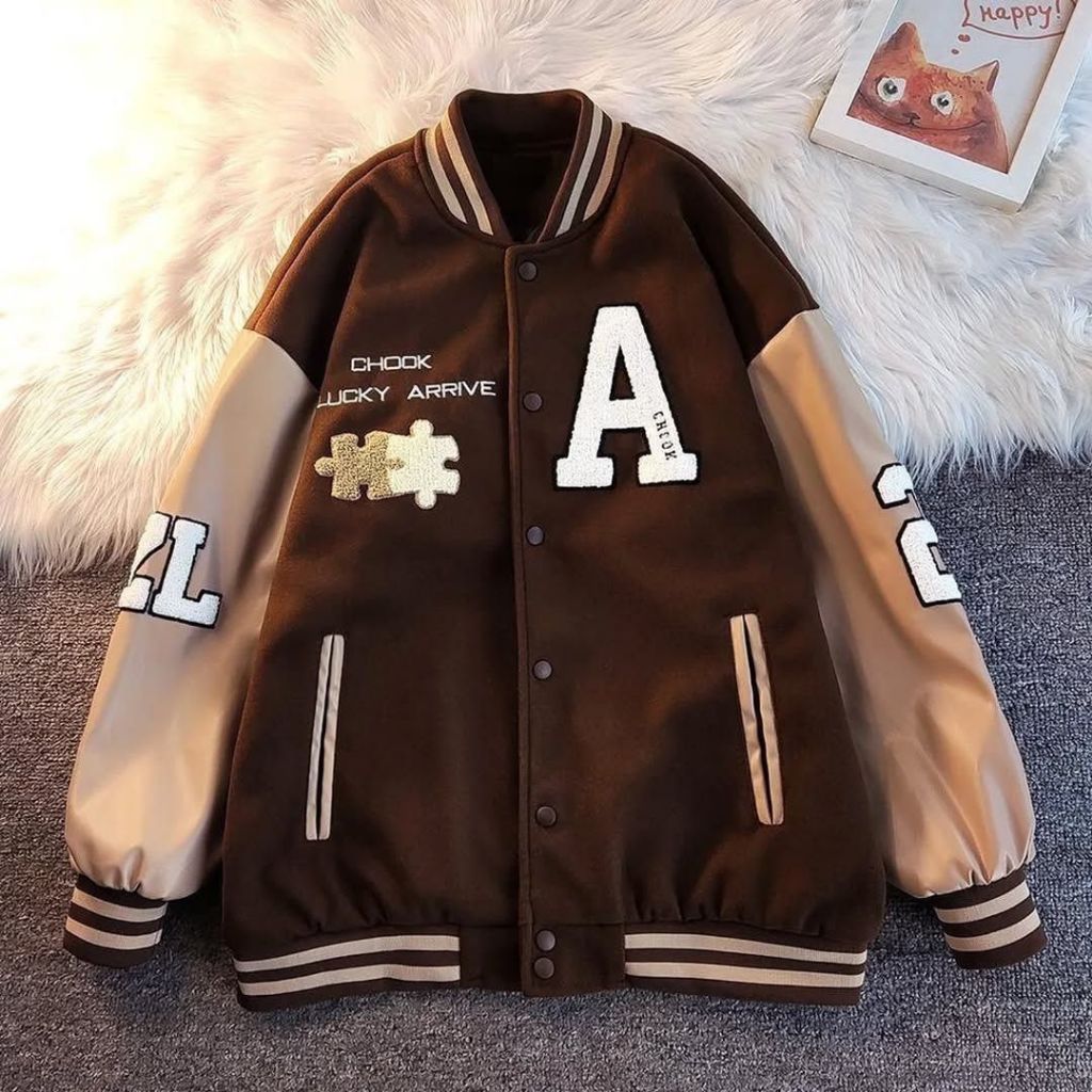 Jaket Varsity A Coak Wanita Oversize Baseball Korean Style Bomber Streetwear / Jaket Varsity Coklat 