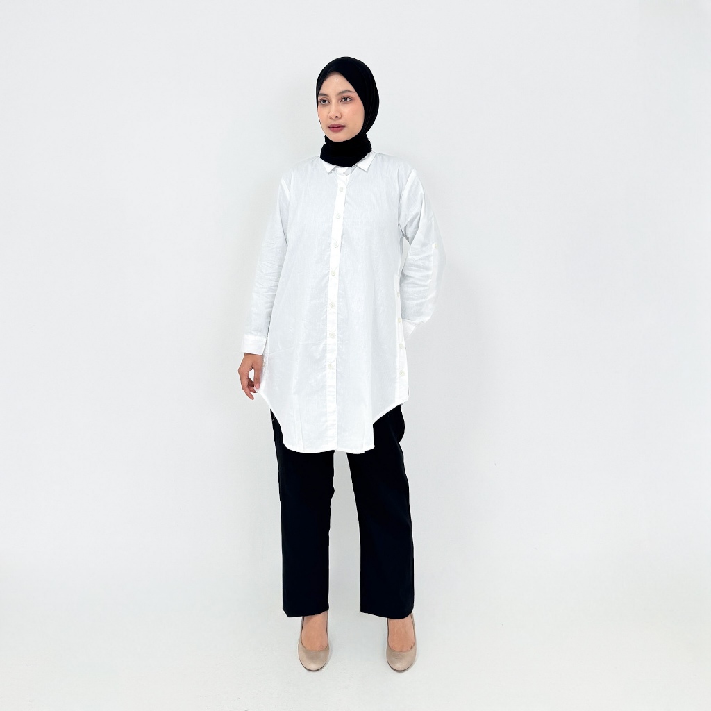 Tunik Kemeja Putih Panjang Wanita Muslimah Katun Adem Anti Terawang Kerah Kemeja Kerja Formal Casual