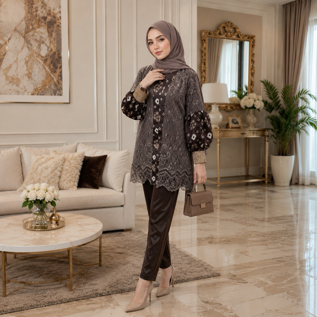 SETELAN CELANA JUMPUTAN TITIK 7 LERENG VISCOSE BATIK HANDMADE PALEMBANG