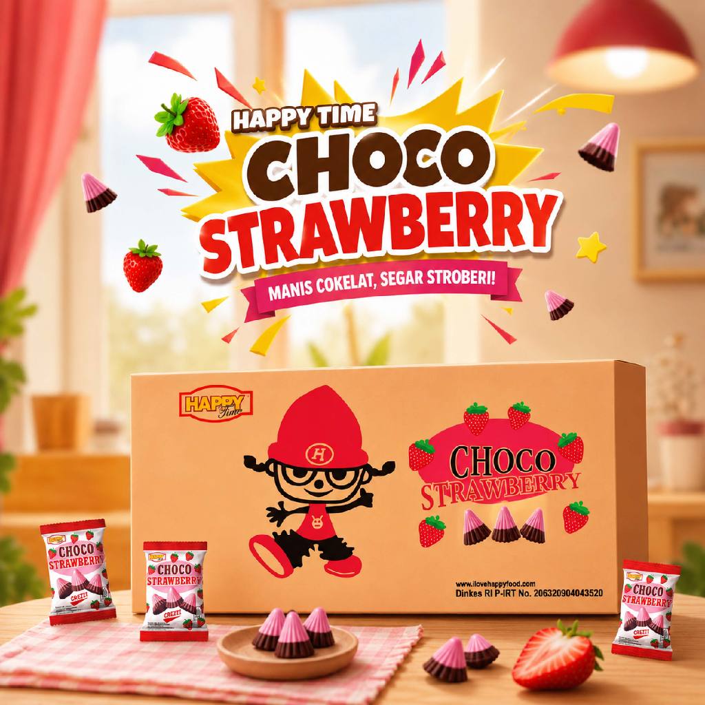 HAPPY TIME - Choco Strawberry Cemilan Ringan (1 Karton isi 12 Renceng)