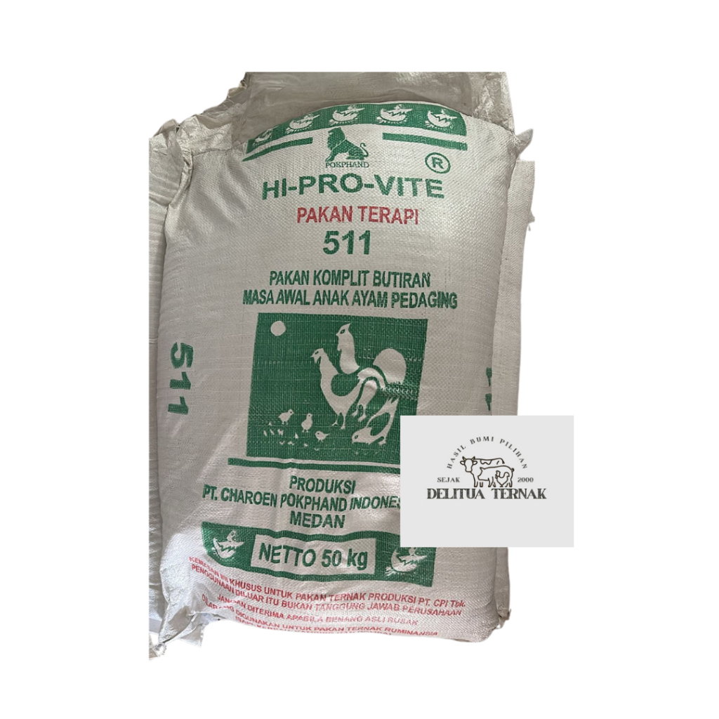 Pakan Terapi Ayam Broiler HI-PRO-VITE 511  Polos / Super – Pakan Komplit Butiran Per 50 Kg