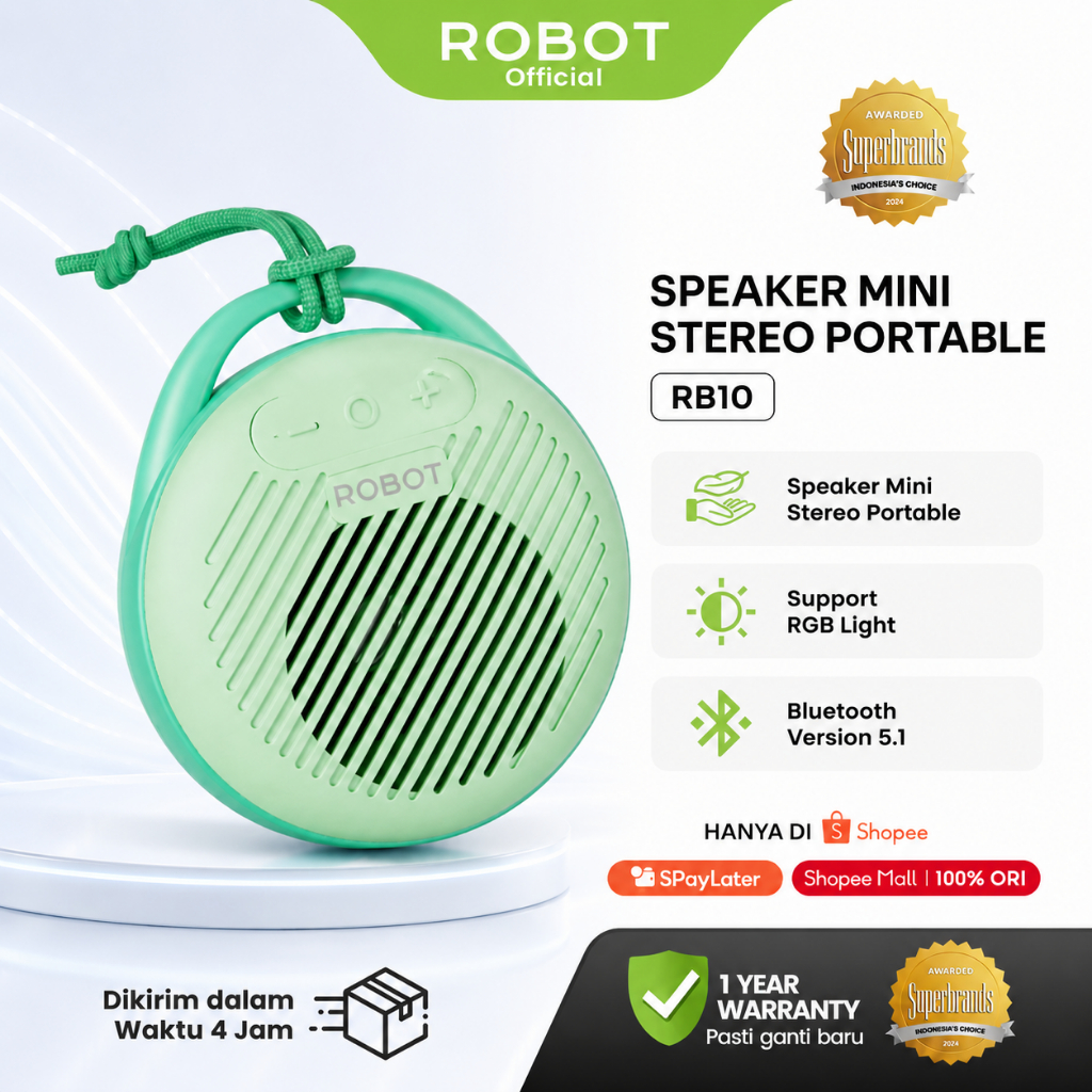 ROBOT Speaker Mini Bluetooth 5.1 Portabel TWS Ultra Bass With RGB Light Speaker Kids Friendly RB10 O