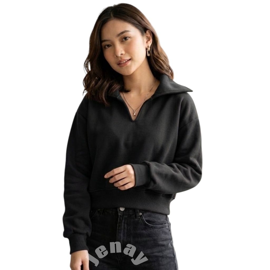 JENAY - Sweater Crop Polos Fleece Premium Wanita Hitam