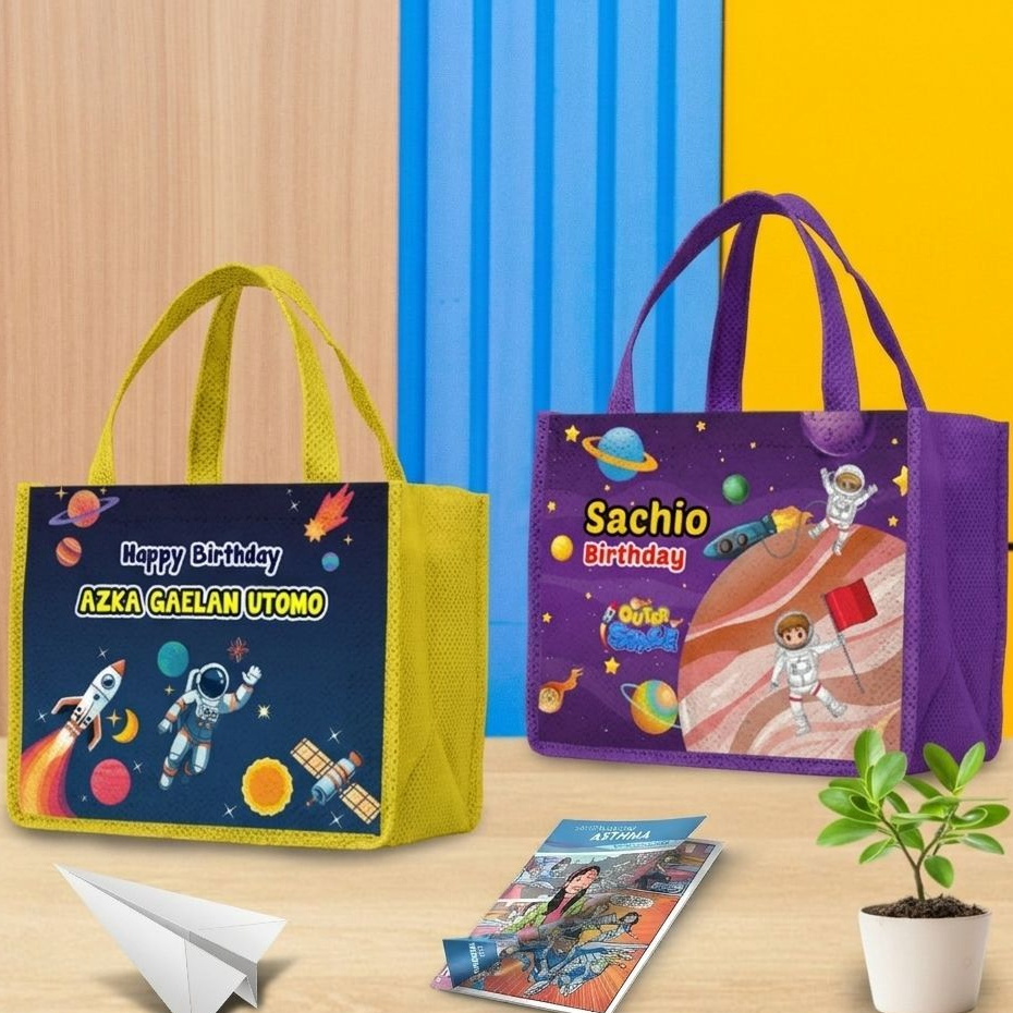 Tas Custom Ulang Tahun Anak Karakter Astronot, Bisa Tambah Nama, Tas Ultah Murah