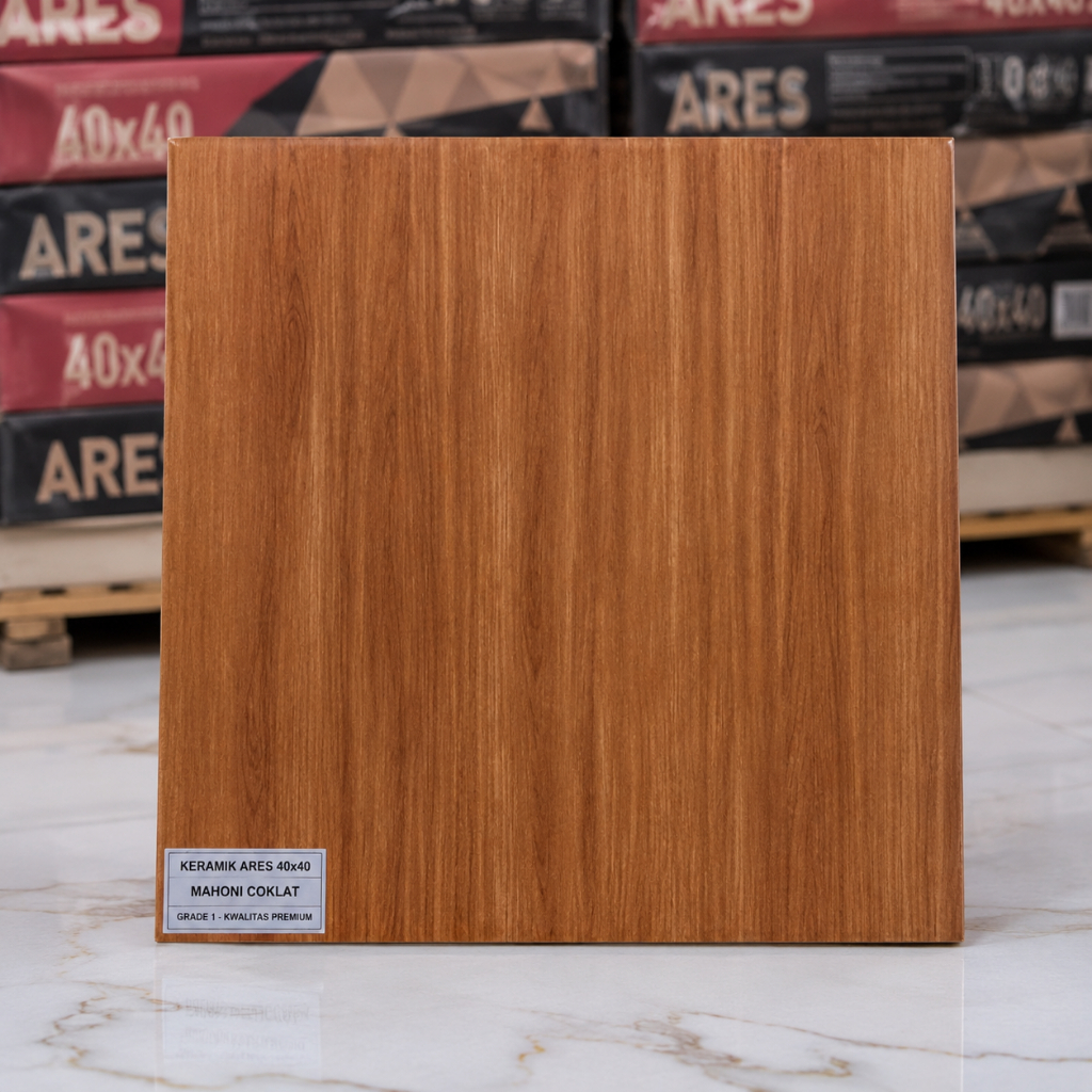 Keramik Lantai ARES 40x40 Mahoni Coklat Glossy | Keramik Motif Kayu Premium Minimalis | 1 Dus Isi 6 