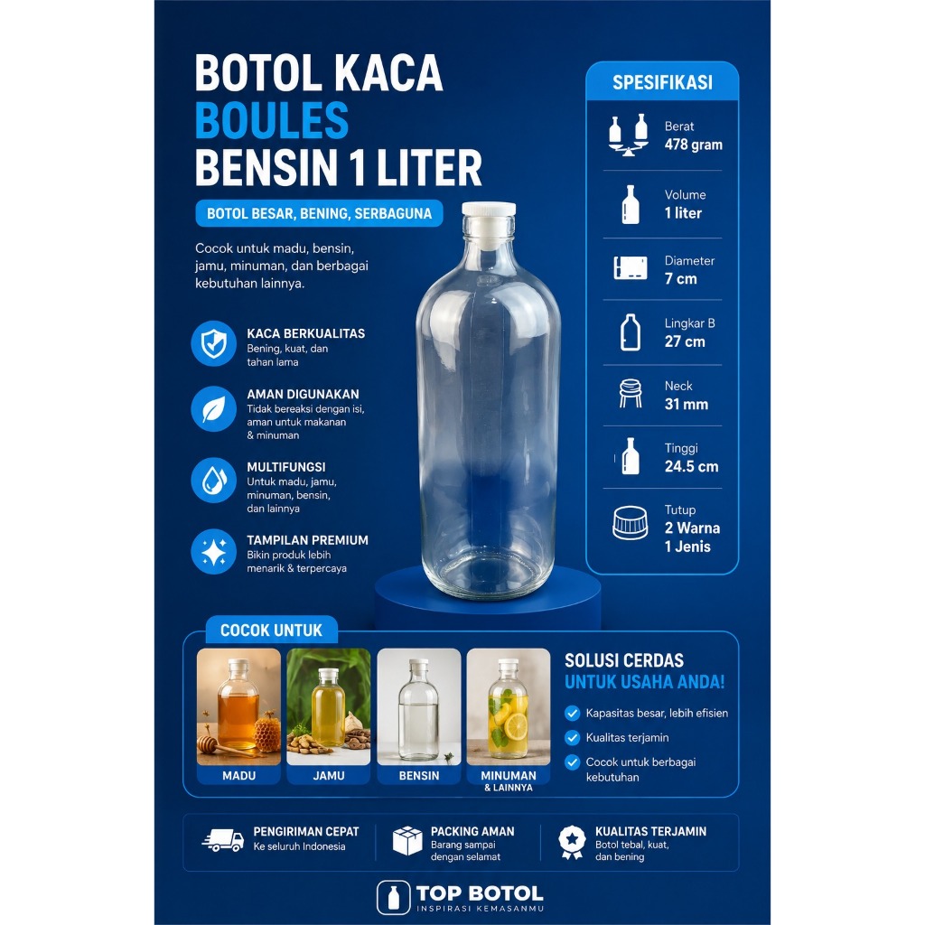 (PAKET ISI 14PCS) Botol Kaca Bening 1 Liter Boules Botol Bensin 1L Botol jamu 1 liter  Tebal Kuat FR