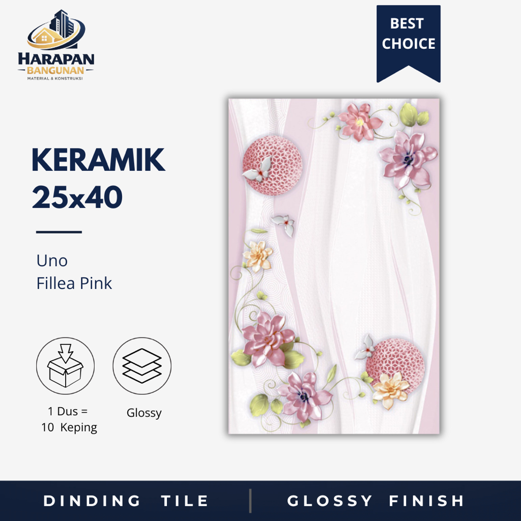 Keramik Dinding Kamar Mandi 25x40 Uno Fillea Pink Keramik Glossy Bunga Bunga Toilet 25 x 40